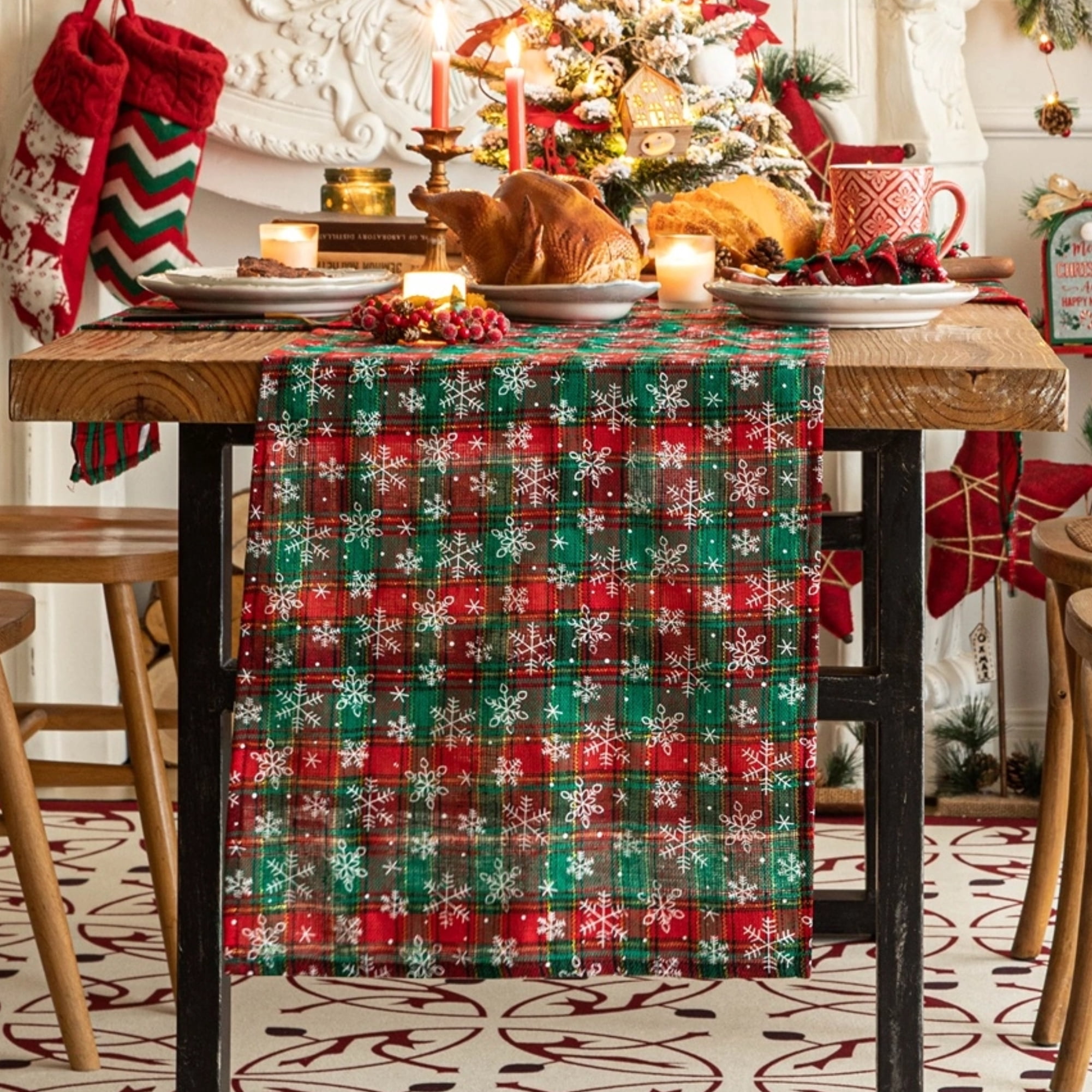 Plaid Christmas Table Runner, Winter Holiday Snowflake Table Runners, Xmas Decorations Indoor Outdoor Farmhouse Home Kitchen Dining Party Decor