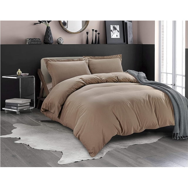 Mocassi 3-Piece Duvet Cover Set, 1800 Thread Count, Button Closure, Solid Color - Cooling, Breathable Material- Wrinkle, Fade, Stain Resistant, Full/Queen, Taupe