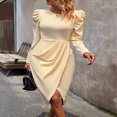 thumbnail image 3 of Women Midi Dress  Long Sleeve Crew Neck Solid Slit Dress Fall Dress, 3 of 8