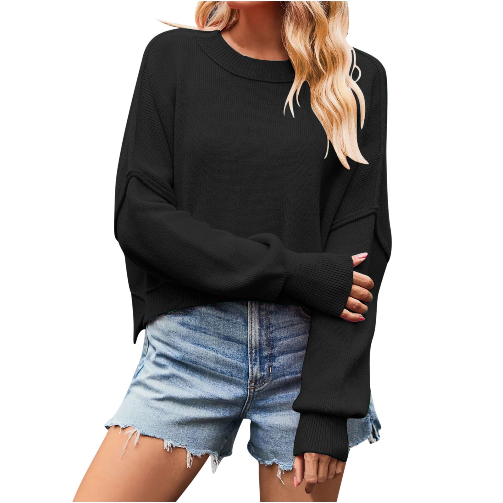 Timegard Women's Sweaters Cropped 2024 Fall Winter Sweater Long Sleeve Pullover Side Slit Knit Tops