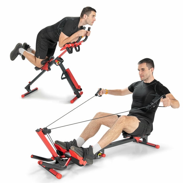 Gymax Machine d'Aviron Pliable 4 en 1 avec Écran de Contrôle pour Gym à Domicile. l'Image Montre Deux modes d'Entraînement : un Homme Exécutant un Écran de Contrôle AB sur la Machine Rouge et Noire et un Autre Homme Utilisant le mode d'Aviron. la Machine Présente des Mains Courantes Ajustables, un Siège ABS Coulissant et un Panneau de Contrôle Intelligent Affichant les Données d'Entraînement. Elle Est Pliable pour un Rangement Facile et Supporte jusqu'à 265 Lb.