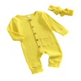 thumbnail image 2 of 2Pcs Baby Girls Outfit Solid Color Single-breasted Long Sleeve Romper with Pocket Headband Fall Outfits Set, 2 of 6