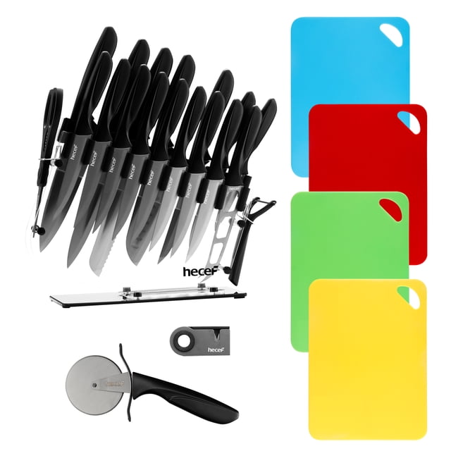 Hecef Knife Block Set, 25 Pcs Titanium Plated High Carbon Stainless Steel Extra Sharp Kitchen Knives arranged in a durable acrylic stand. Includes chef knives, steak knives, scissors, pizza wheel, peeler, mini sharpener, and four colourful cutting mats in red, blue, green, and yellow. The titanium-plated blades feature a sleek grey finish, offering rust resistance, non-stick performance, and long-lasting sharpness. Ergonomic handles ensure balance and grip, making this knife block set ideal for kitchen cutlery needs.