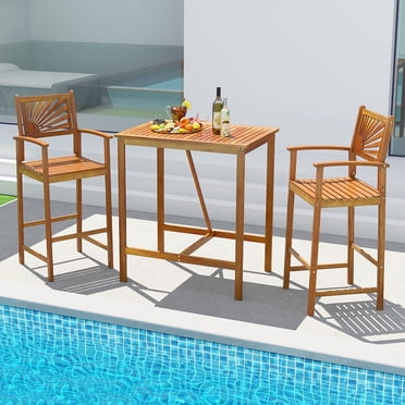 Gymax Ensemble de Bar d'Extérieur en Bois d'Acacia 3 Pcs avec Siège à Lattes et Dessus de Table