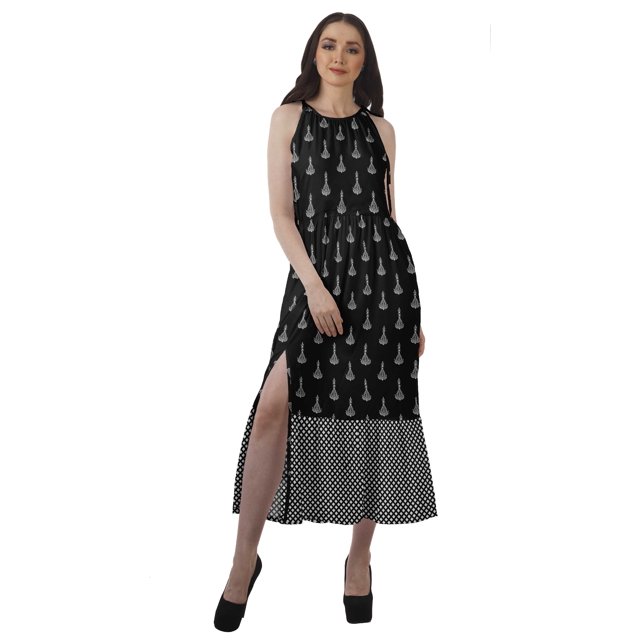 Moomaya Robe de Vacances pour Femmes en Rayonne, Col Licou, Sans Manches, Fente avant, Robe Imprimée