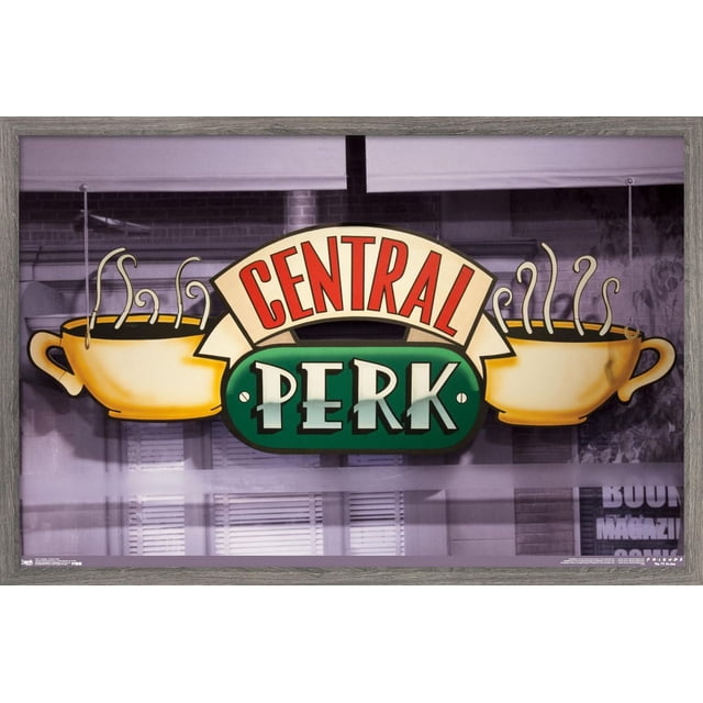 Friends - Affiche Murale Central Perk, 22,375 Po x 34 Po, Mettant en Vedette le logo Central Perk avec Deux Tasses de Café Jaune Vapeur de Chaque Côté d'Un Panneau Rouge et Vert, Imprimée sur Papier d'Affiche Lustré avec un Cadre en Bois Gris, Convient à la Déco Maison et aux Oeuvres Murales.