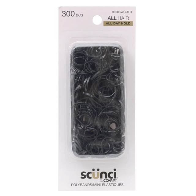 Scünci 300pcs Elastic Polyband Black in clear plastic packaging with black mini hair elastics designed for all hair types, providing all-day hold and suitable for styling and securing hair accessories.
