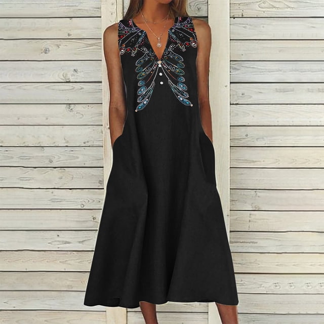 FcBaudy Robe Sans Manches à Col en V, Robes pour Femmes, Robes d'Été pour Femmes Nouvelle Robe Longue Imprimée Sans Manches à Col pour Femmes avec Boutons et Boutons Robe Femme