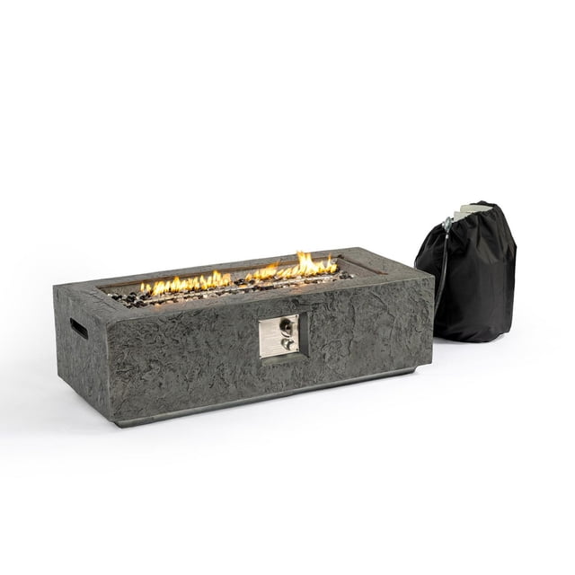 Paramount Table Rectangulaire Rocco Fire Pit avec surface Texturée en Pierre d'Ardoise, Brûleur à Flammes de 50 000 BTU, Allumage Électronique et Réservoir de propane Caché à Couvercle Noir, Conçue pour le Chauffage Extérieur et l'Utilisation sur patio.