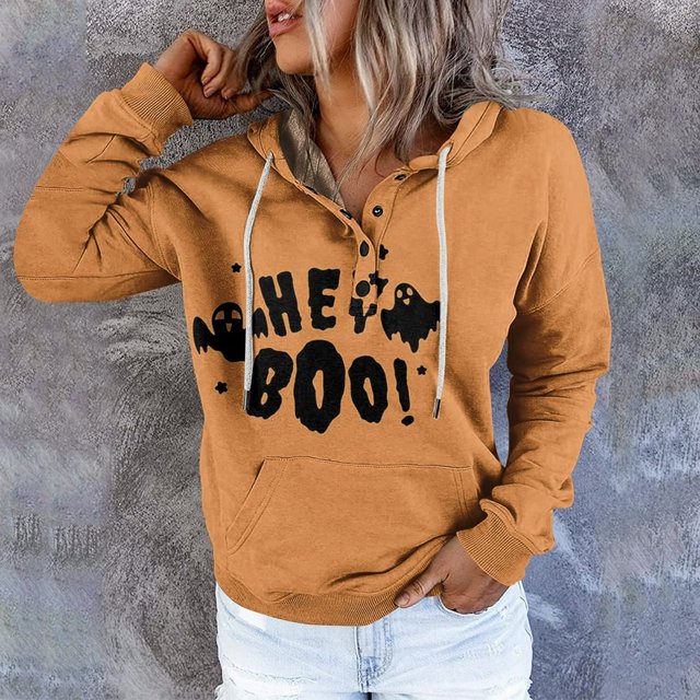 Femmes Halloween Sweat-Shirts Citrouille Impression Col Rond Pull à Manches Longues Oversize Pull-Overs Jaune XXL