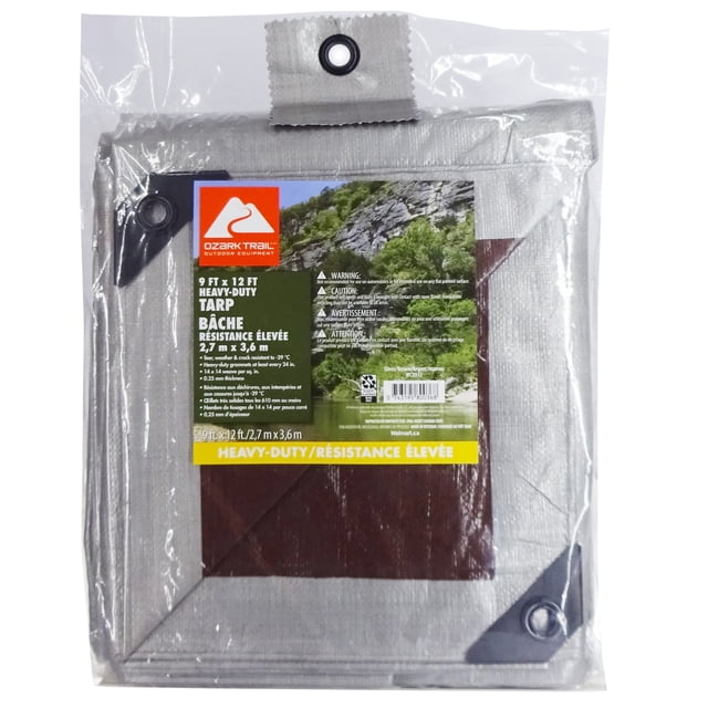 Ozark Trail Heavy-Duty Tarp, 9' x 12', material PE, folded and packaged in clear plastic with reinforced hems and polycarbonate grommets spaced every 24 inches. The silver and brown tarp is weather, tear, and crack resistant, suitable for camping, hunting, and outdoor equipment protection.