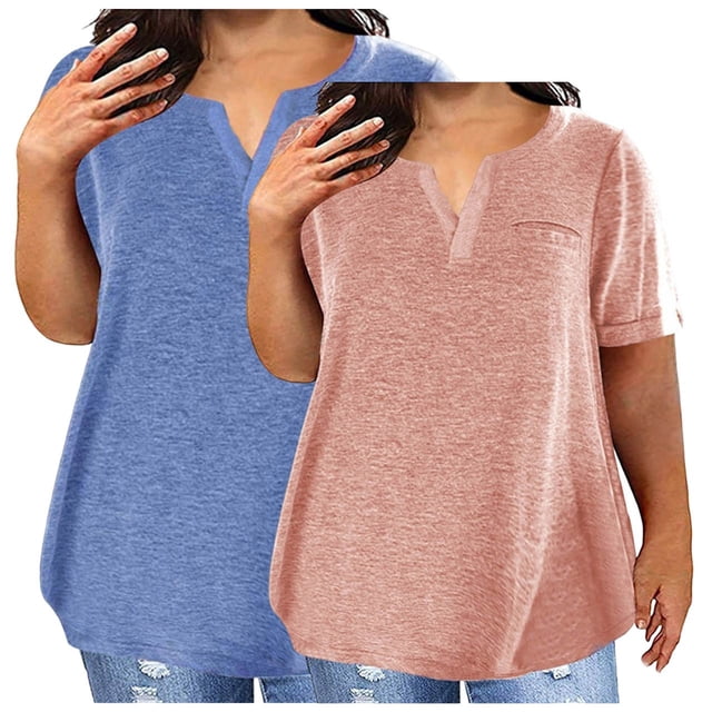 Timegard Haut 2 Pcs Grande Taille pour Femmes Été Manches Courtes Col en V Blouse Confortable Décontractée Mi-Longue