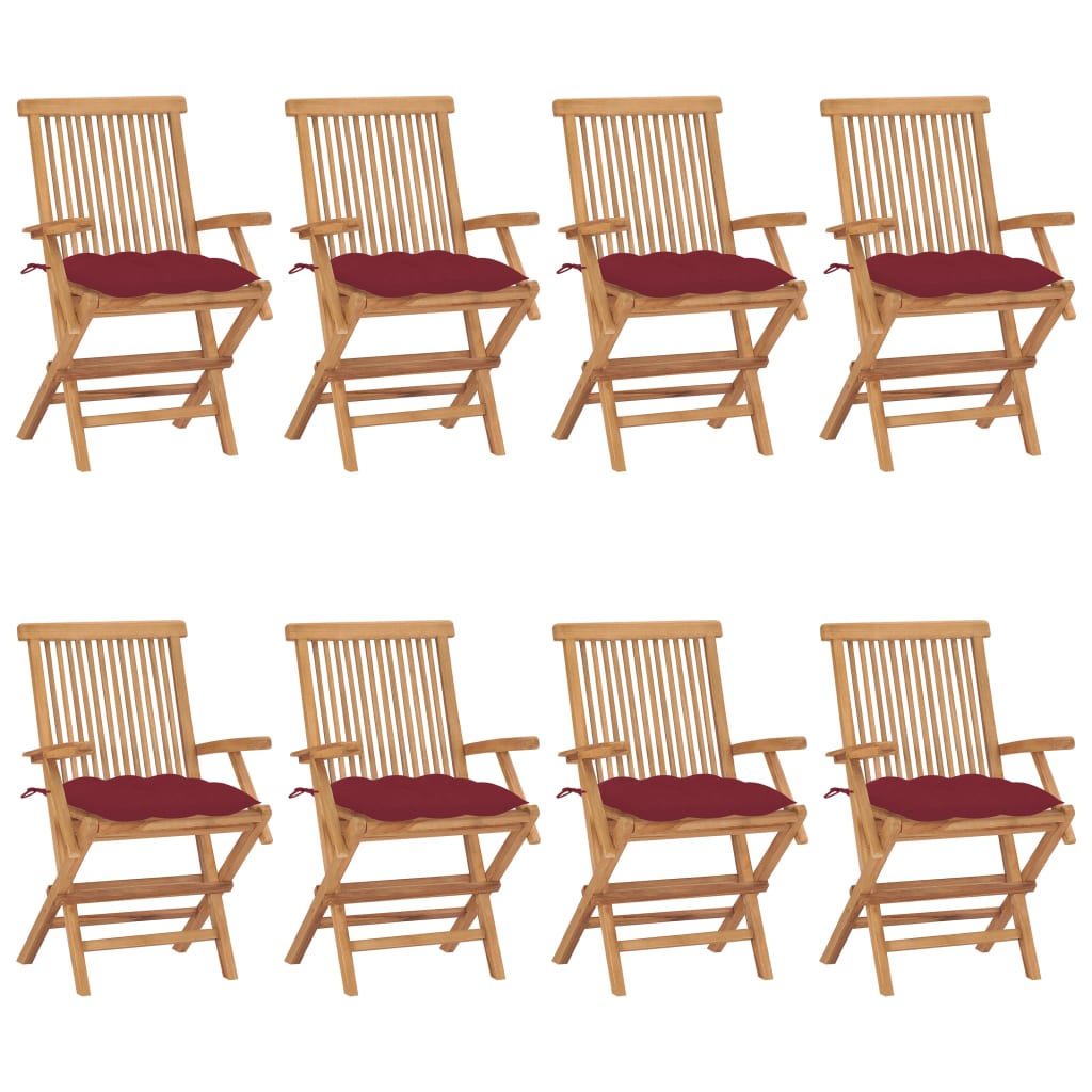 vidaXL Chaises de Jardin avec Coussins Rouge Vin 8 Pcs Bois de Teck Massif