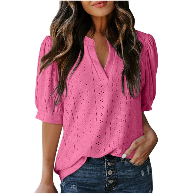 Liquidation d'Économies! Hauts pour Femmes Grande Taille, Blouse d'Été à Manches Courtes pour Femmes, Blouse Décontractée à Manches Courtes Unie pour Femme à Col en V