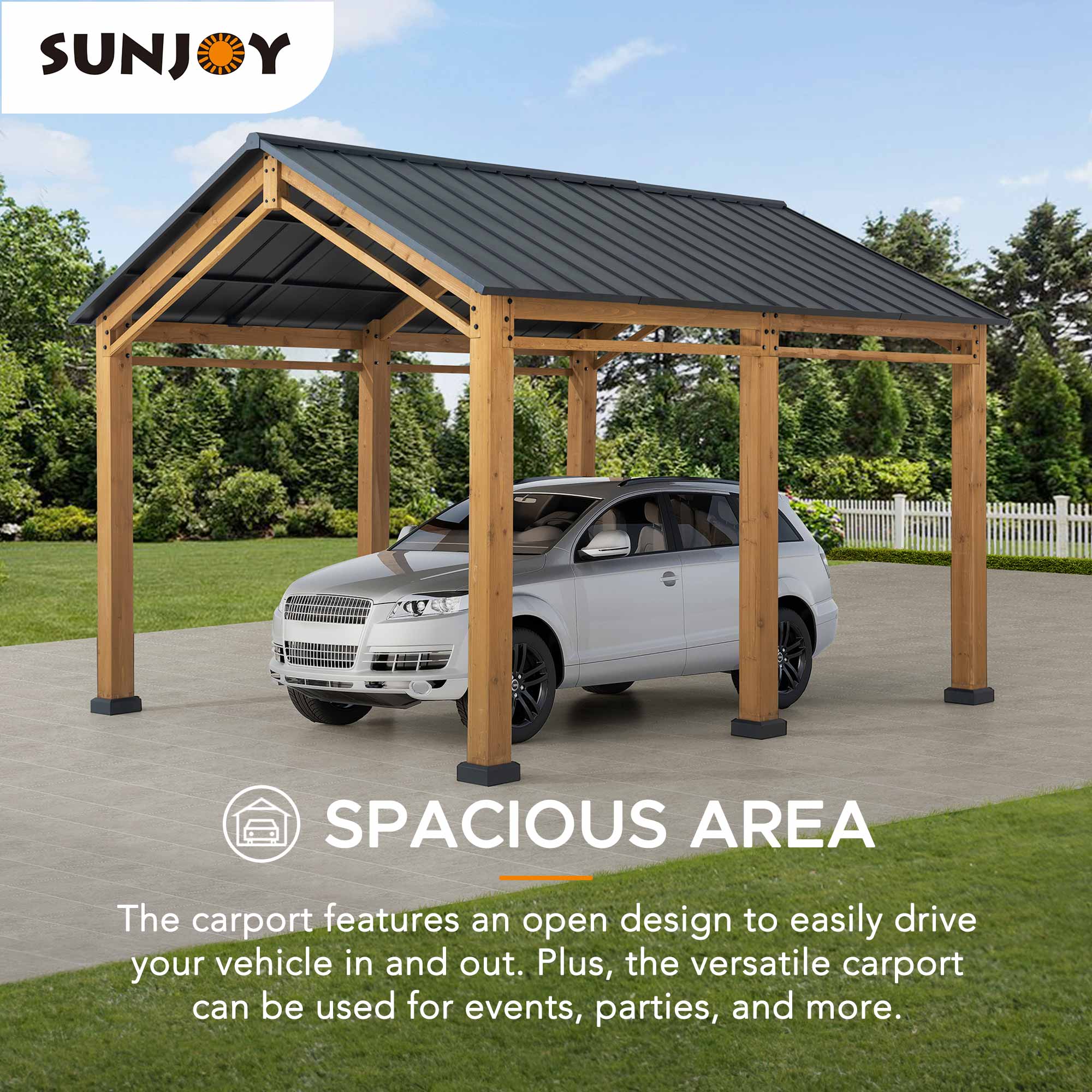 Sunjoy Gazebo en bois 13 pi x 11 pi Abri d'auto à toit rigide Abri d'auto robuste avec toit en acier et structure en bois, gazebo à toit à pignon en cèdre pour voitures et équipement d'extérieur