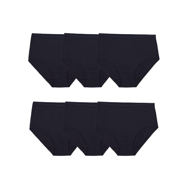 WOMENS COTTON BRIEF UNDERWEAR, 6 PACK, size 7, in assorted colors by Fruit of the Loom. The image shows six pairs of women's cotton briefs in a solid dark color, designed for comfort and featuring a tagless design. Suitable for everyday wear.