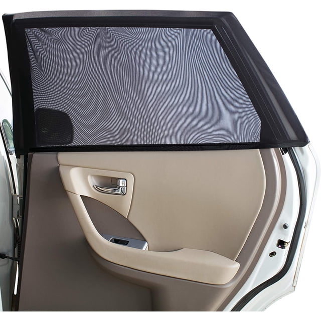 Car Window Shade, stretchable and breathable mesh sun shade installed on a car door. The black mesh screen provides UV protection, reduces glare, and blocks mosquitoes while allowing ventilation. Features Velcro straps for secure fit and privacy protection, suitable for camping and baby sun protection.
