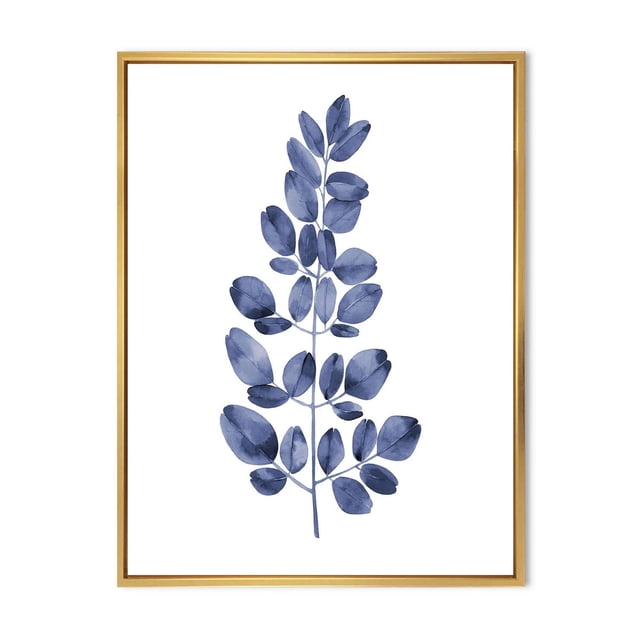 Designart Navy Blue Eucalyptus II FLOAT FRAME WALL ART depicting a navy blue eucalyptus branch with oval leaves on white premium cotton canvas, gallery-wrapped and stretched over a 1-inch wood subframe within a light wood floating frame, ready to hang and suitable for home décor wall art.