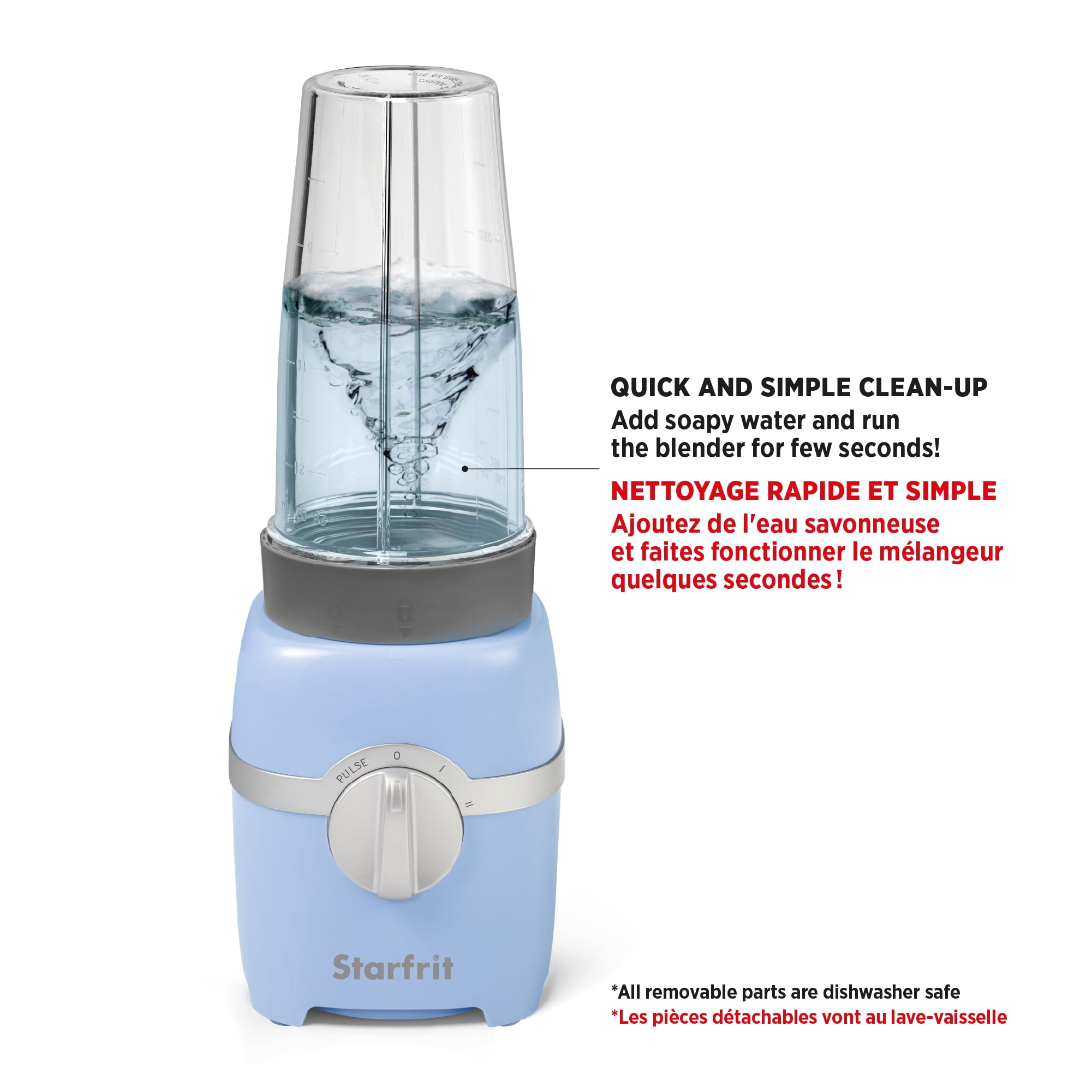 Starfrit 7 pcs  Personal Blender, 2 x 28oz (828ml) cups, 2 x travel lids, 2 blades, 3 speed modes: Low, High & Pulse, 300W