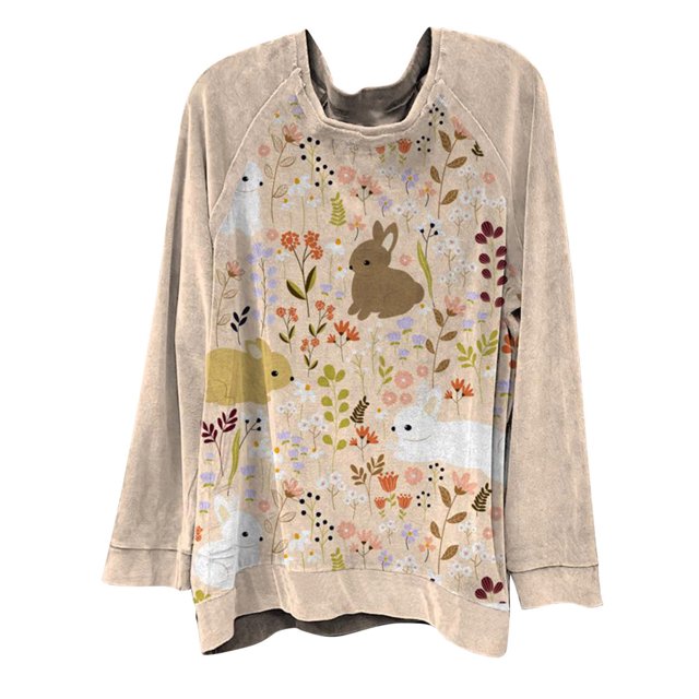 Pompotops Women Retro Print Loose O-Neck Long-Sleeved Fleece Oversized Sweatshirt Pullover