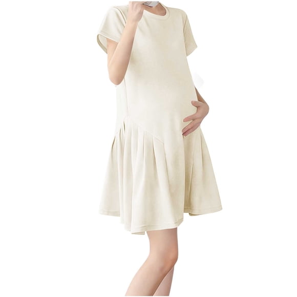 Maternity Dress for Women, Solid Color Round Neck Short Sleeve, Loose Fit Comfortable Pregnancy Dress for Everyday Wear and Maternity Photos
