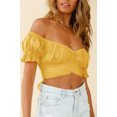 thumbnail image 3 of Women's Ruffle Short Sleeve Tie Up Back Crop Top Off Shoulder Bardot Blouse,Yellow,L, 3 of 6