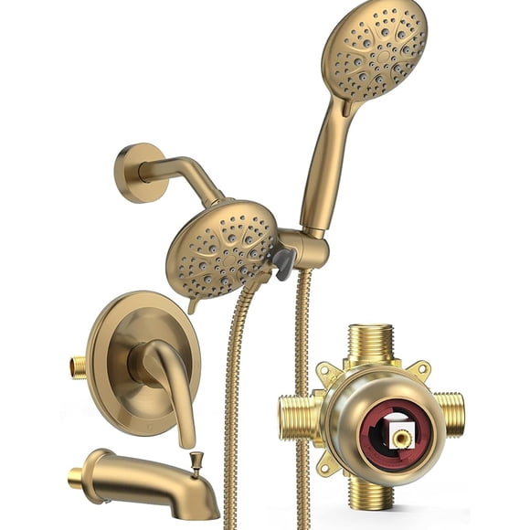 SR SUN RISE 5-Spray Dual Shower Head Cmbo Tub Faucet Set 3-Way Shower Head and Hand Held Shower Tub Faucets Sets Complete Single-Handle Tub and Shower Trim Kit Brushed Gold (Valve Include)