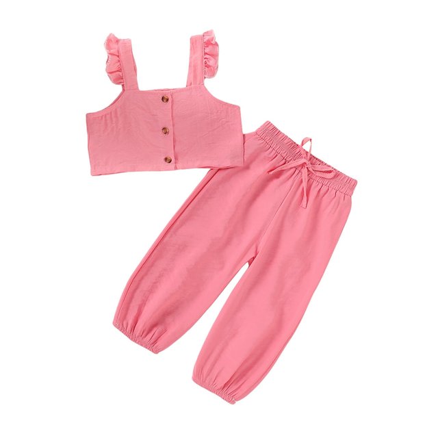 Toddler Baby Girl Solid Color Ruffle Sleeveless Button Down Halter Tank Crop Tops and Pants Outfits Yellow 1-2 Years