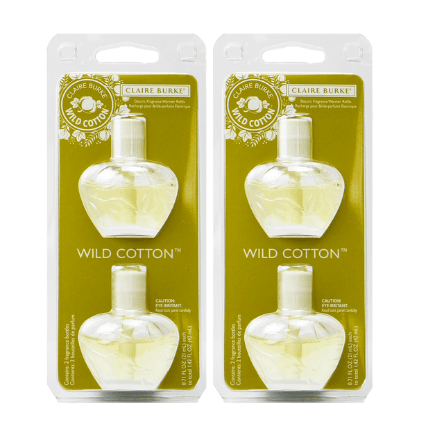 Claire Burke Recharge de Chauffe-Parfum Électrique en Coton Sauvage 42 ml - Lot de 2. l'Image Affiche Deux Bouteilles de Recharge en Verre, Chacune avec 21 ml d'Huile Parfumée, Emballée en Plastique Transparent avec une Étiquette Verte et Dorée. le Parfum Coton Sauvage Combine Agrumes, Coton Blanc Propre, Lys de Printemps, freesia Blanc, Fleurs Sauvages, Vanille, Bois Chauds et Musc Doux. Ces Recharges Sont Compatibles avec les Chauffe-Parfum Électriques et Offrent un Arôme Frais et Durable jusqu'à 30 Jours Chacune. Fabriqué au Portugal