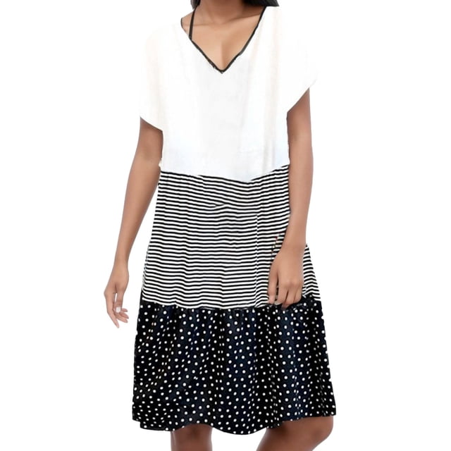 Kcodviy Robe Maxi Décontractée Ample à Rayures pour Femmes, Patchwork à Pois, Col en V, Courte, Grande, Robe pour Femmes, Manches, Robe