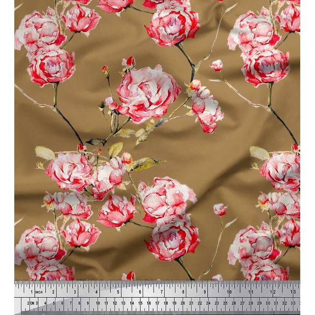 Soimoi Poly Georgette Fabric Flower & Leaves Watercolor Print Sewing Fabric Yard 52 Inch Wide