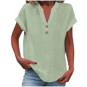 cfhntfmh Summer Tops for Women Causal V Neck Buttons Linen Shirts Cotton Comfy Short Sleeve Tunic T-Shirts