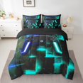 thumbnail image 2 of YST Video Game Gamepad Bedding Comforter Set, Twin 7-Piece, Abstract Neon Square, Black Blue Teal, Geometric Glowing Checkered, 2 of 4