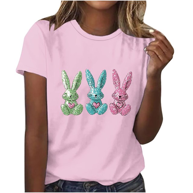 Pisexur Hauts de Printemps pour Femmes 2025, Hauts d'Entraînement Femmes, Hauts d'Entraînement Femmes T-Shirt Imprimé Manches Courtes Col Rond Chandail à la Mode Rose,G