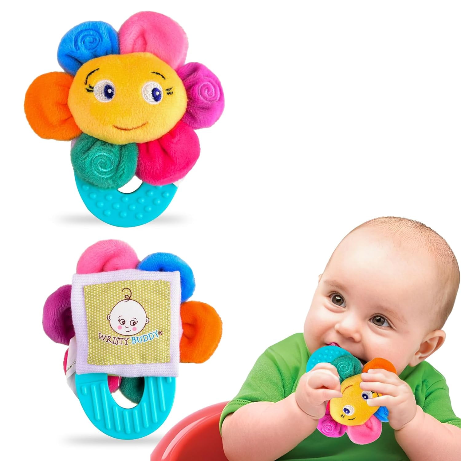 Wristy Buddy Teething Ring For Babies 0-6 8 10 12 Months Cute Soft Flower Teething Toys & Gloves Baby Teething Relief Toy Pack Infant Chew Toys