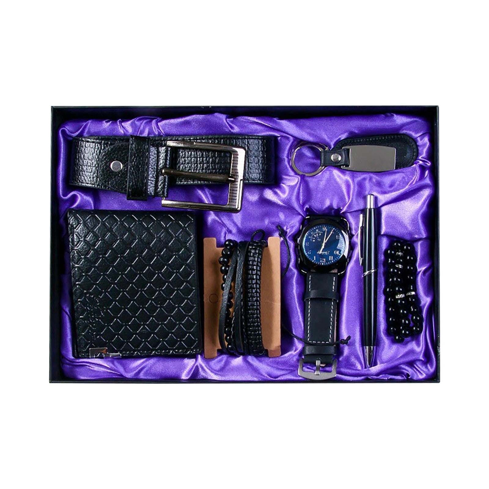 Men'S Gift Box Set, 7 Pieces, Leather Belt, Wallet, Wrist Watch