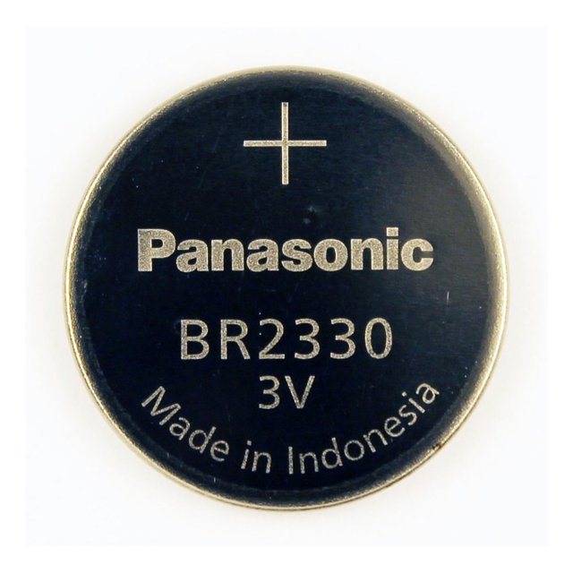 5-Pack BR2330 Panasonic 3 Volt Lithium Coin Cell Batteries shown with a close-up of one battery engraved with 'Panasonic BR2330 3V Made in Indonesia.' These lithium batteries measure 23 mm x 3.0 mm, provide high energy and continuous voltage, and have a shelf life of up to 10 years. Compatible with equivalent models such as CR2330, DL2330, and ECR2330, they are ideal for CMOS batteries, dive computers, automotive, medical, and portable devices.