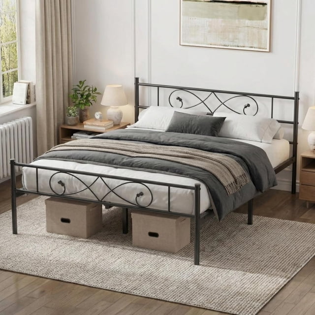 Full Size Metal Bed Frame, Unique Fist Design Headboard and Footboard