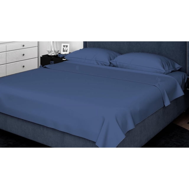 Johnson Home - 300 TC Combed Cotton Sheet Sets in blue on a king bed with matching upholstered headboard. The breathable, 100% combed cotton sheets have a 300 thread count sateen weave and deep 15-inch pockets. The set includes pillowcases and suits all-season comfort while enhancing bedroom decor.
