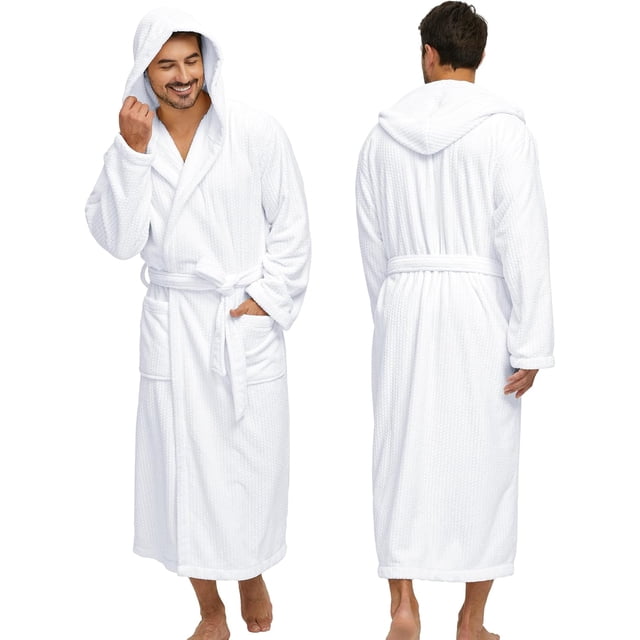 Men's Bathrobe with Hood, Soft Long Towel Robe for Men - Super Absorbent Quick Dry yet Warm