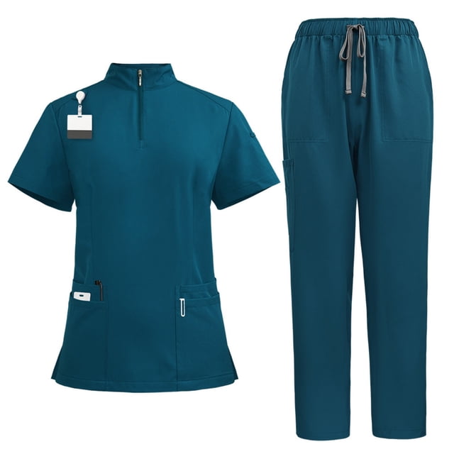 Scrubs 2 Piece Set Multiple Pockets V-Neck Top and Drawstring Scrub Pant - Medical Uniform Women Scrub Matching Set