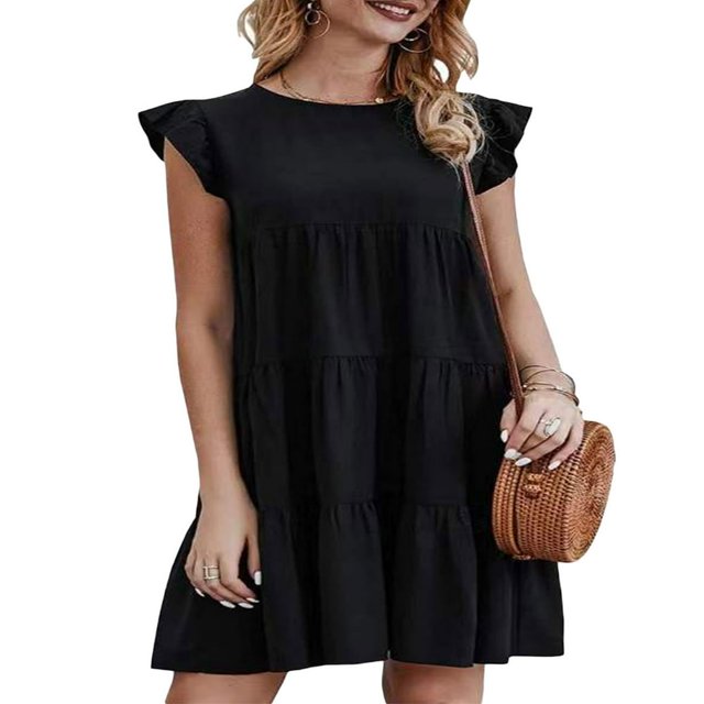Women Casual Pleated Dress Adults Spring Solid Color Neck Short Sleeve One-piece