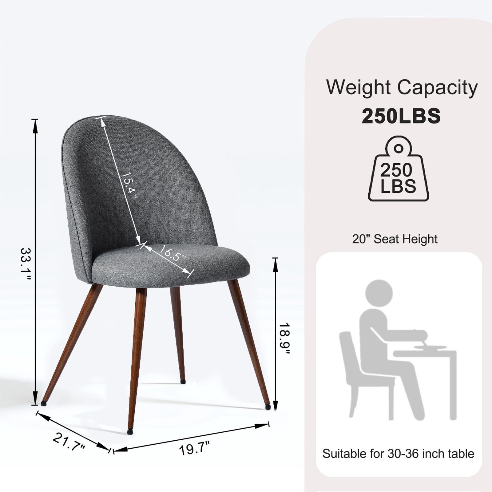 Lot de 2 chaises de salle à manger Homy Casa sans accoudoirs avec dossier incurvé et rembourré, tissu gris