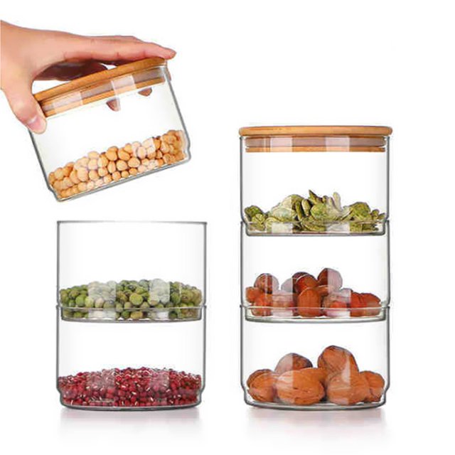 Stackable Glass Jars With Bamboo Lids Airtight Sealed Storage Containers Canisters For Kitchen Snack Dry Fruit Storage Box