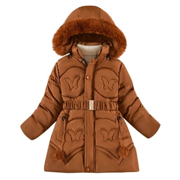 hoksml Big Girls (5-11 yrs) Winter Coat with Large Fuzzy Hood and Bow Print Fleece Lined Tapered Waist Puffer Jacket Thick Warm Quilted Coat