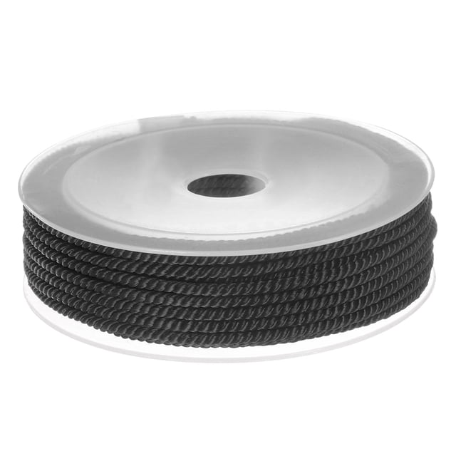 Unique Bargains Twisted Nylon Twine Thread Beading Cord, 3mm diameter and 7 meters (23 feet) in length, shown in black color. The extra-strong braided nylon string is rolled neatly on a spool for easy storage and cutting to desired lengths. Ideal for crafting, jewelry making, beading, and decorating.