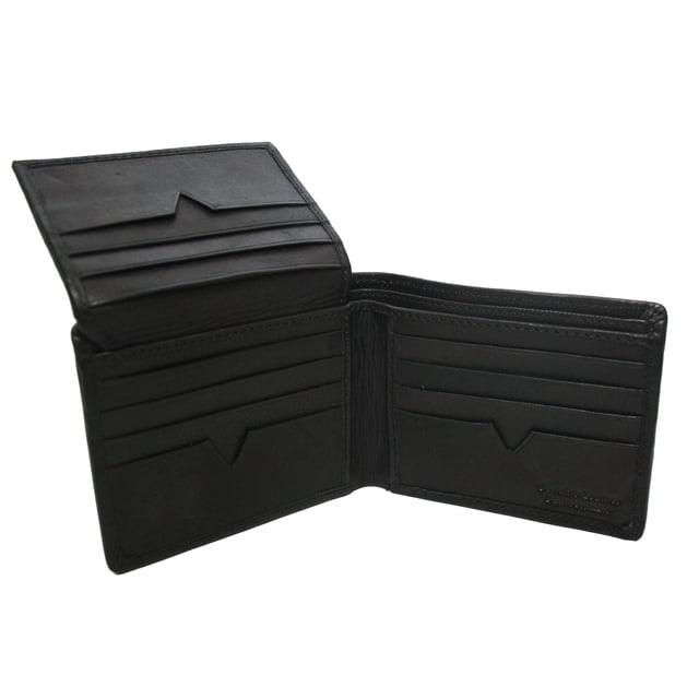 Ashlin Leather Ashlin RFID Blocking Men's Wallet in black leather, open with a classic bifold design featuring multiple card slots and a flip-up section on the right side, storing up to 16 cards and cash in a double billfold, ideal for organized adult men's accessories.
