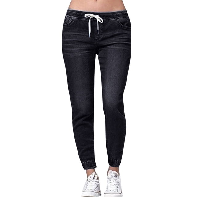 Teissuly Jeans pour Femmes Élastiques Plus Amples Décontractés à Cordon Plus Raccourcis, Taille P-5TG