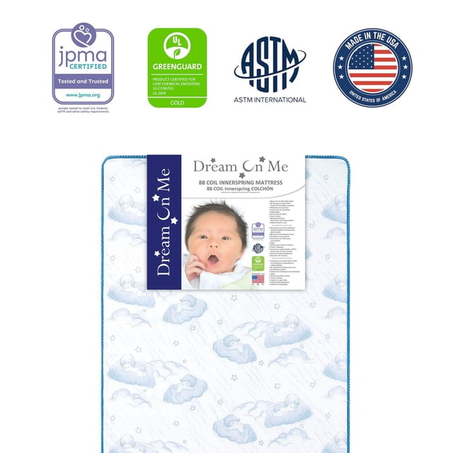 Dream On Me Twilight Matelas de Lit de Bébé et pour Tout-Petit à Ressorts Hélicoïdaux 5” 80 en Bleu, Matelas de Lit de Bébé Orienté vers l'Avant avec Housse Imperméable Triple Laminée Bleue et Lien Imperméable Cousu avec Verrou; Spécifications du Produit Notent une Épaisseur de 5 Pouces, 80 Ressorts en Acier Trempé Thermiquement Entrelacés et Couche Isolante en Mousse Hypoallergénique; Convient aux Lits de Bébé et aux Lits pour Tout-Petits standard 52 x 28 x 5 Pouces.