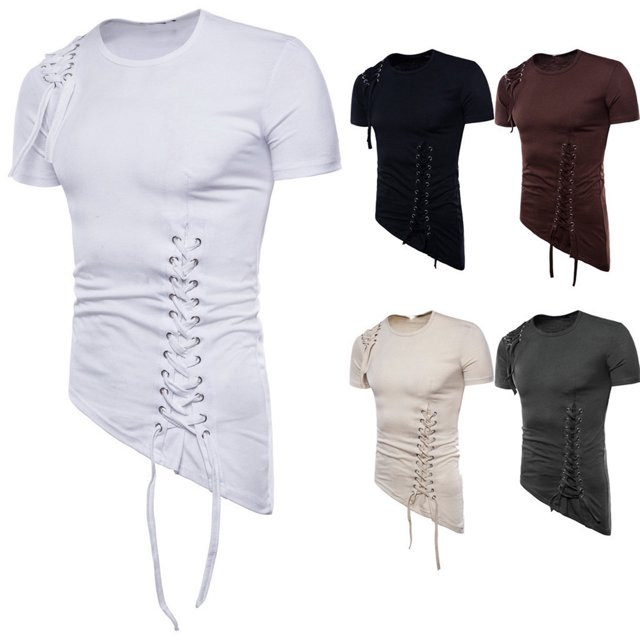 Jovati Short Sleeve Round-Neck T-Shirt for Men, Cotton Blend, Irregular Knit Rope Detail, Solid Color, Casual Fit, Breathable Summer Top